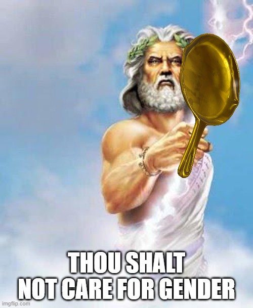 Thou Shalt Not Care! | THOU SHALT NOT CARE FOR GENDER | image tagged in zeus,god,pan,pansexual | made w/ Imgflip meme maker