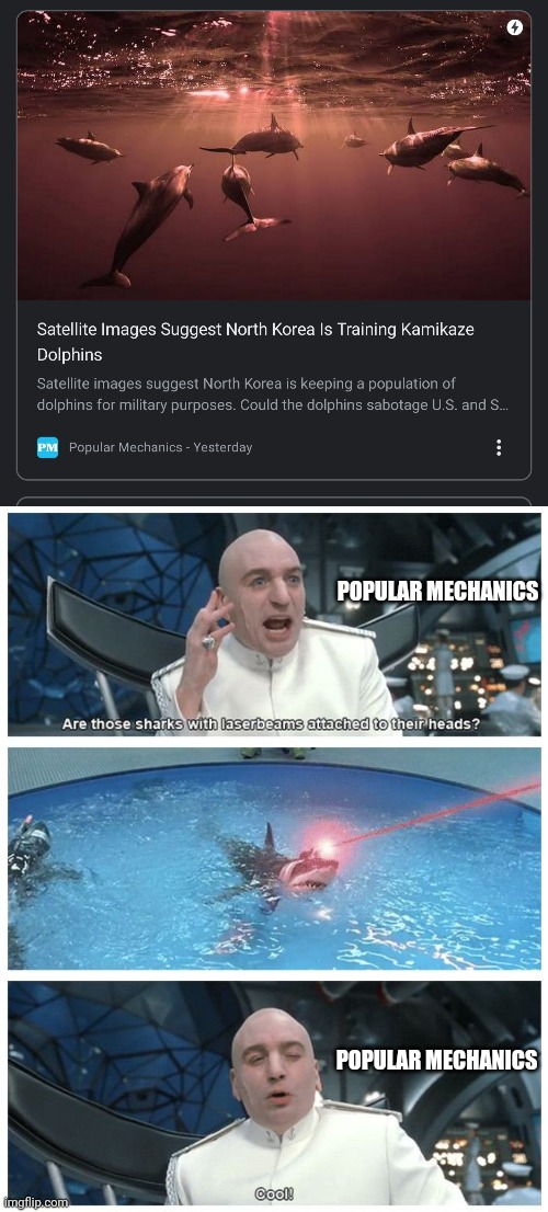 'Dolph-in | POPULAR MECHANICS; POPULAR MECHANICS | image tagged in north korea,sharks,dr evil laser,funny,funny memes,fun | made w/ Imgflip meme maker