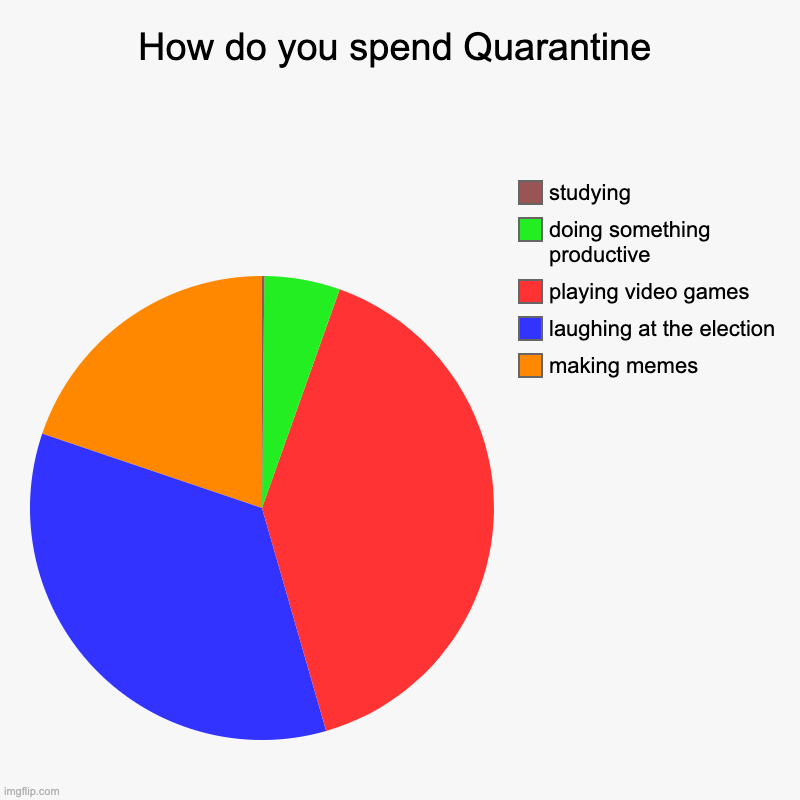 How do you spend Quarantine | making memes, laughing at the election, playing video games, doing something productive, studying | image tagged in charts,pie charts | made w/ Imgflip chart maker