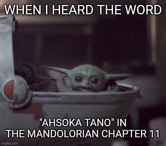 Excited Baby Yoda | WHEN I HEARD THE WORD; "AHSOKA TANO" IN THE MANDOLORIAN CHAPTER 11 | image tagged in excited baby yoda | made w/ Imgflip meme maker