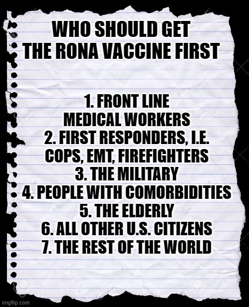 Got a better list or prediction? Please share in comments. | 1. FRONT LINE MEDICAL WORKERS
2. FIRST RESPONDERS, I.E. COPS, EMT, FIREFIGHTERS
3. THE MILITARY
4. PEOPLE WITH COMORBIDITIES
5. THE ELDERLY
6. ALL OTHER U.S. CITIZENS
7. THE REST OF THE WORLD; WHO SHOULD GET THE RONA VACCINE FIRST | image tagged in blank paper,vaccine | made w/ Imgflip meme maker