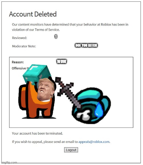 banned from ROBLOX | 1; OOF YOU BITCH; WOW | image tagged in banned from roblox | made w/ Imgflip meme maker