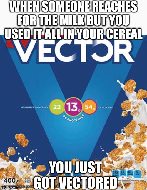 Vector | WHEN SOMEONE REACHES FOR THE MILK BUT YOU USED IT ALL IN YOUR CEREAL; YOU JUST GOT VECTORED | image tagged in memes,you just got vectored | made w/ Imgflip meme maker
