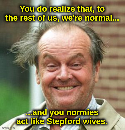 Nicholson On Normies |  You do realize that, to the rest of us, we're normal... ...and you normies act like Stepford wives. | image tagged in jack nicholson,crazy,hair,stepford wives,normies,neurotypical | made w/ Imgflip meme maker