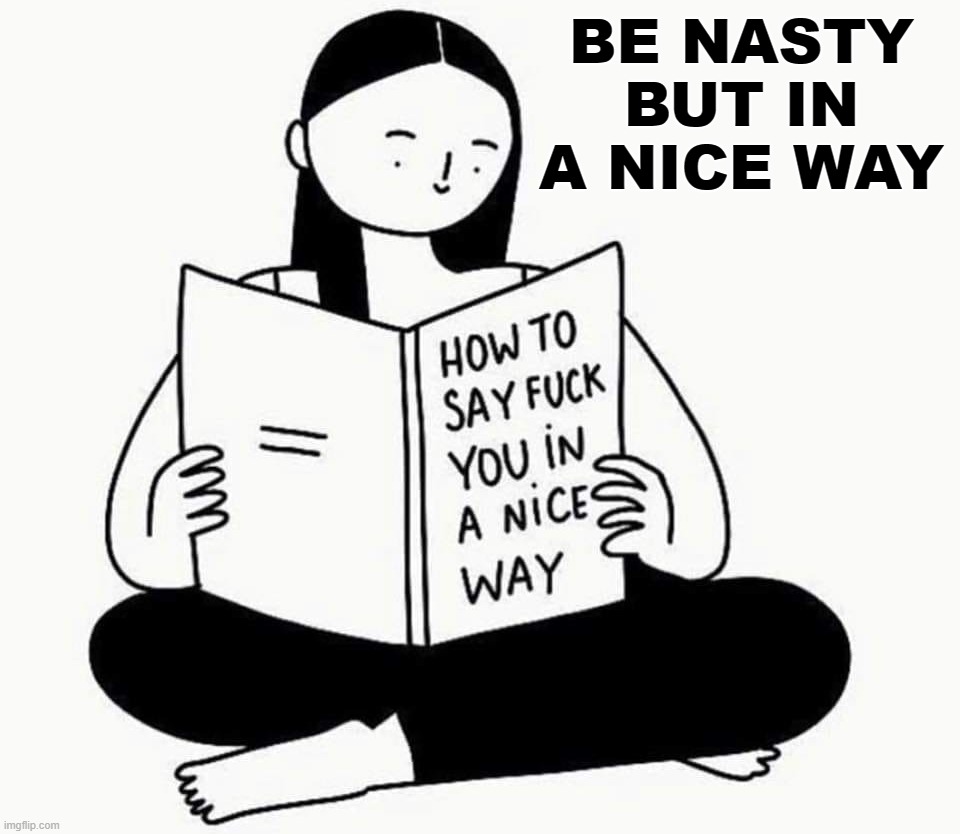 polite fu | BE NASTY BUT IN A NICE WAY | image tagged in polite fu | made w/ Imgflip meme maker