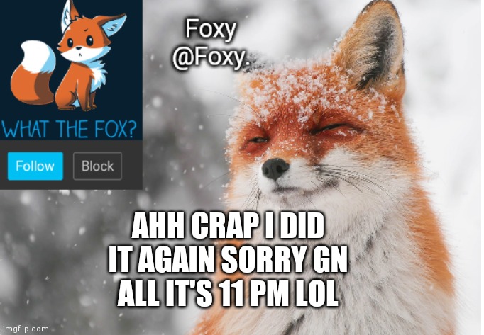 Foxy's announcement template | AHH CRAP I DID IT AGAIN SORRY GN ALL IT'S 11 PM LOL | image tagged in foxy's announcement template | made w/ Imgflip meme maker