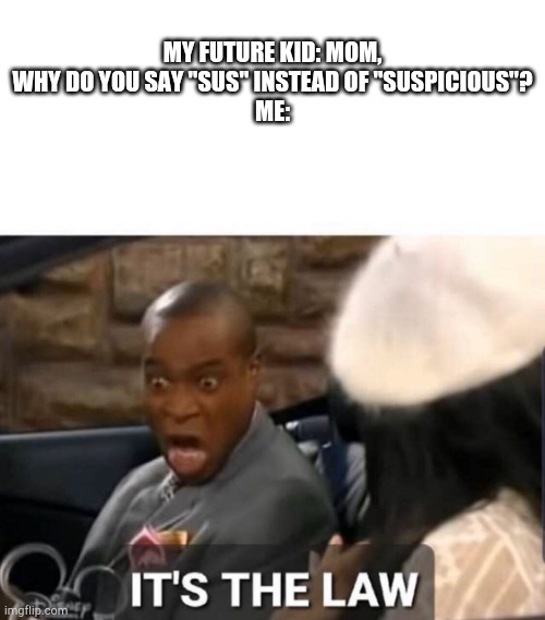It's true | MY FUTURE KID: MOM, WHY DO YOU SAY "SUS" INSTEAD OF "SUSPICIOUS"?
ME: | image tagged in it's the law,among us | made w/ Imgflip meme maker
