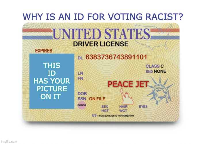 Why is Voter ID Racist? | WHY IS AN ID FOR VOTING RACIST? THIS ID HAS YOUR PICTURE ON IT; PEACE JET | image tagged in racist,election 2020,when x just right,one does not simply | made w/ Imgflip meme maker