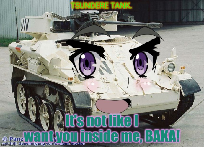 Anime tank girl | TSUNDERE TANK. It's not like I want you inside me, BAKA! | image tagged in tsundere,tank,anime girl,army,girls with guns | made w/ Imgflip meme maker