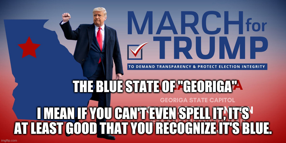 Go Republicans! | THE BLUE STATE OF "GEORIGA"; I MEAN IF YOU CAN'T EVEN SPELL IT, IT'S AT LEAST GOOD THAT YOU RECOGNIZE IT'S BLUE. | image tagged in trump,georiga,humor,blue state | made w/ Imgflip meme maker