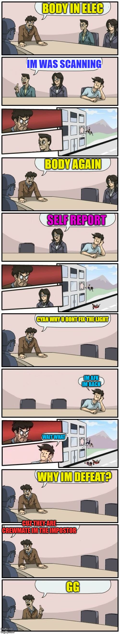Boardroom Meeting Suggestions Extended | BODY IN ELEC; IM WAS SCANNING; BODY AGAIN; SELF REPORT; CYAN WHY U DONT FIX THE LIGHT; IM AFK IM BACK; WAIT WHAT; WHY IM DEFEAT? CUZ THEY ARE CREWMATE IM THE IMPOSTOR; GG | image tagged in boardroom meeting suggestions extended | made w/ Imgflip meme maker