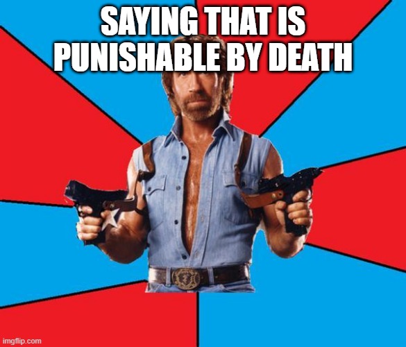 Chuck Norris With Guns Meme | SAYING THAT IS PUNISHABLE BY DEATH | image tagged in memes,chuck norris with guns,chuck norris | made w/ Imgflip meme maker