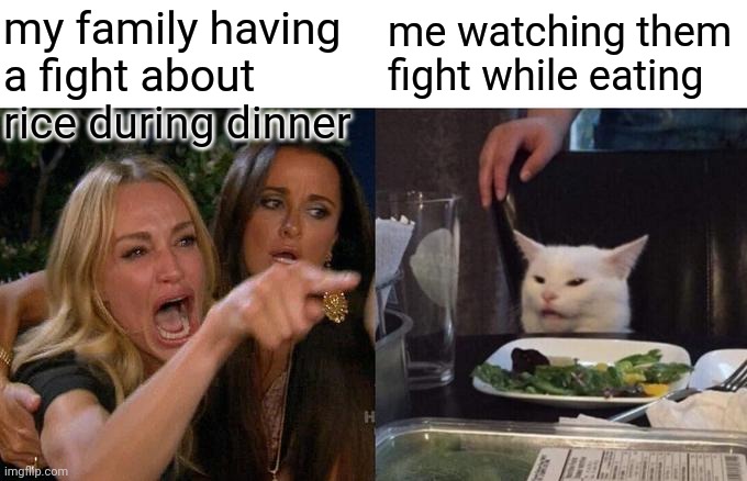 rice. | my family having a fight about rice during dinner; me watching them fight while eating | image tagged in memes,woman yelling at cat | made w/ Imgflip meme maker
