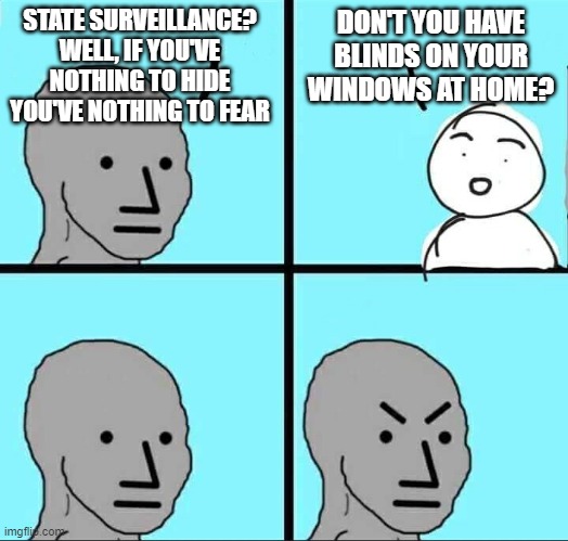 Nothing to fear? | DON'T YOU HAVE BLINDS ON YOUR WINDOWS AT HOME? STATE SURVEILLANCE? WELL, IF YOU'VE NOTHING TO HIDE YOU'VE NOTHING TO FEAR | image tagged in npc meme | made w/ Imgflip meme maker