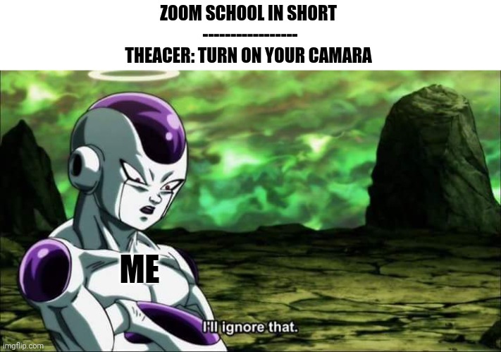 Zoom in nutshell | ZOOM SCHOOL IN SHORT 
-----------------
THEACER: TURN ON YOUR CAMARA; ME | image tagged in frieza dragon ball super i'll ignore that | made w/ Imgflip meme maker