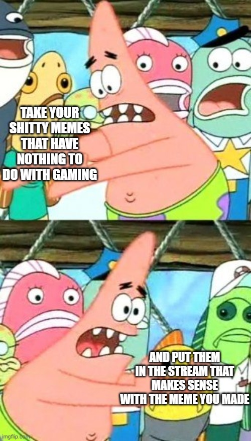 Put It Somewhere Else Patrick | TAKE YOUR SHITTY MEMES THAT HAVE NOTHING TO DO WITH GAMING; AND PUT THEM IN THE STREAM THAT MAKES SENSE WITH THE MEME YOU MADE | image tagged in memes,put it somewhere else patrick | made w/ Imgflip meme maker