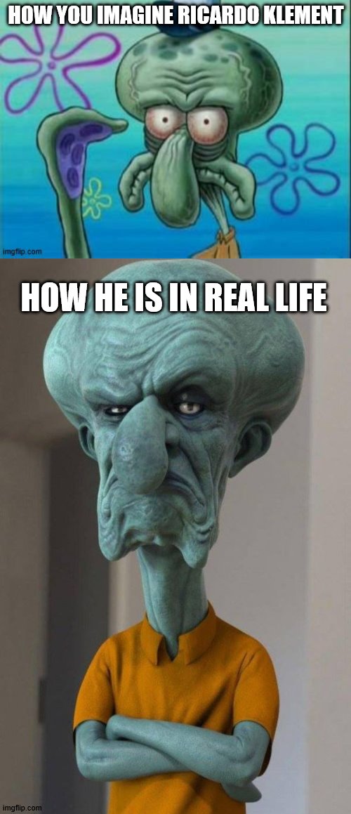 ROAST OF THE RETARDS 23-29th Nov, a Ricardo_Klement and Dankinator event | HOW YOU IMAGINE RICARDO KLEMENT; HOW HE IS IN REAL LIFE | image tagged in squidward,reality check,roast of the retards | made w/ Imgflip meme maker