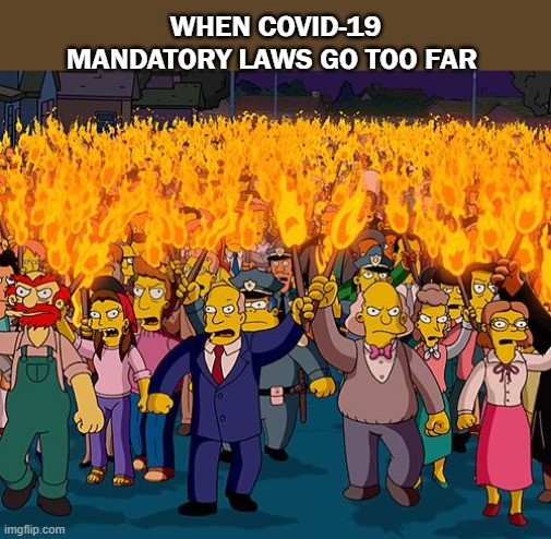 covid-19 | WHEN COVID-19 MANDATORY LAWS GO TOO FAR | image tagged in angry mob | made w/ Imgflip meme maker