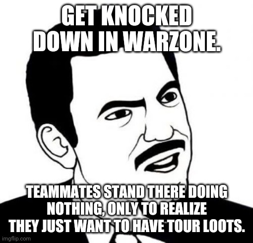 Seriously Face Meme | GET KNOCKED DOWN IN WARZONE. TEAMMATES STAND THERE DOING NOTHING, ONLY TO REALIZE THEY JUST WANT TO HAVE TOUR LOOTS. | image tagged in memes,seriously face | made w/ Imgflip meme maker