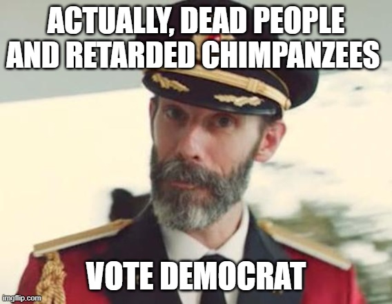Captain Obvious | ACTUALLY, DEAD PEOPLE AND RETARDED CHIMPANZEES VOTE DEMOCRAT | image tagged in captain obvious | made w/ Imgflip meme maker