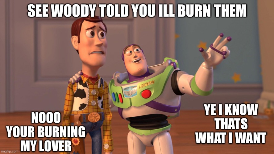 Woody and Buzz Lightyear Everywhere Widescreen | SEE WOODY TOLD YOU ILL BURN THEM; NOOO YOUR BURNING MY LOVER; YE I KNOW THATS WHAT I WANT | image tagged in woody and buzz lightyear everywhere widescreen | made w/ Imgflip meme maker