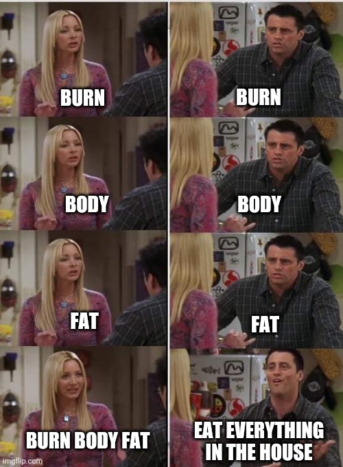 Conscious verses subconscious mind | BURN; BURN; BODY; BODY; FAT; FAT; BURN BODY FAT; EAT EVERYTHING IN THE HOUSE | image tagged in friends joey teached french | made w/ Imgflip meme maker