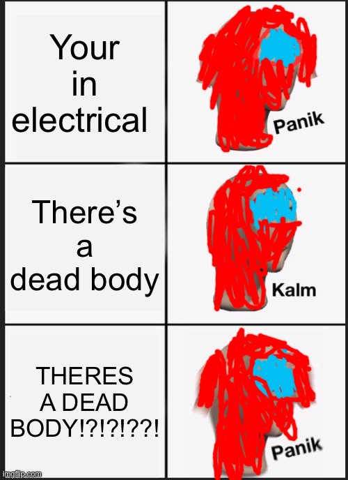 When you go in electrical | Your in electrical; There’s a dead body; THERES A DEAD BODY!?!?!??! | image tagged in memes,panik kalm panik | made w/ Imgflip meme maker