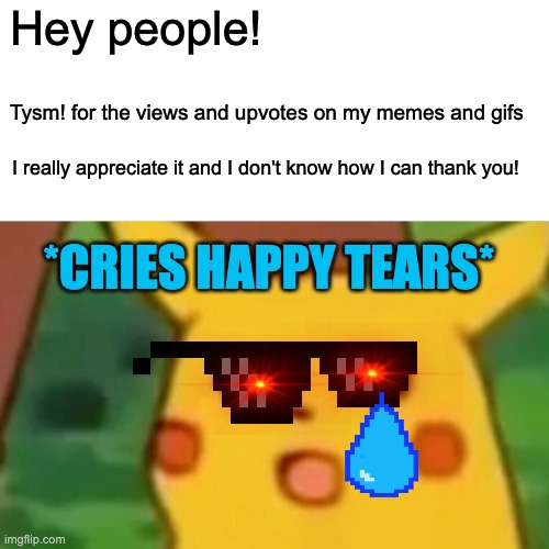 THANK YOU!!!!!!!!!! | Hey people! Tysm! for the views and upvotes on my memes and gifs; I really appreciate it and I don't know how I can thank you! *CRIES HAPPY TEARS* | image tagged in memes,surprised pikachu | made w/ Imgflip meme maker