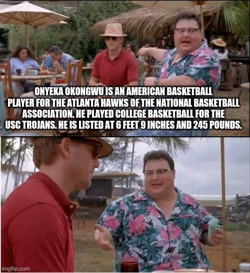 See Nobody Cares | ONYEKA OKONGWU IS AN AMERICAN BASKETBALL PLAYER FOR THE ATLANTA HAWKS OF THE NATIONAL BASKETBALL ASSOCIATION. HE PLAYED COLLEGE BASKETBALL FOR THE USC TROJANS. HE IS LISTED AT 6 FEET 9 INCHES AND 245 POUNDS. | image tagged in memes,see nobody cares | made w/ Imgflip meme maker