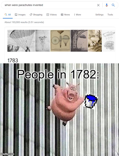 Parachutes are older then you think | People in 1782: | image tagged in falling pig,mlg,minecraft | made w/ Imgflip meme maker