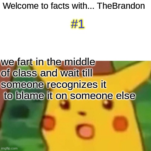 facts withe TheBrandon #1 | Welcome to facts with... TheBrandon; #1; we fart in the middle of class and wait till someone recognizes it  to blame it on someone else | image tagged in memes,surprised pikachu,facts with thebrandon,school,farts | made w/ Imgflip meme maker