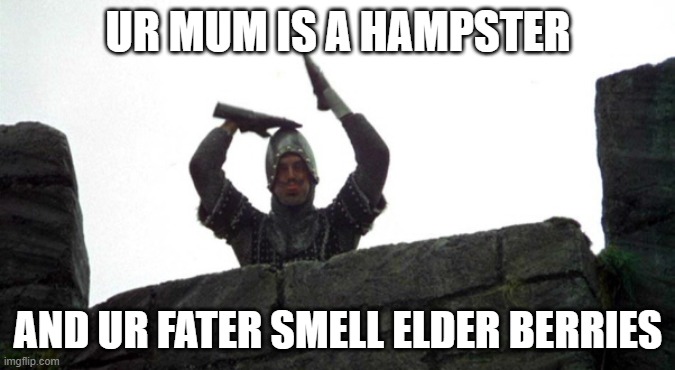 Monty Python — Hamster | UR MUM IS A HAMPSTER; AND UR FATER SMELL ELDER BERRIES | image tagged in monty python hamster | made w/ Imgflip meme maker