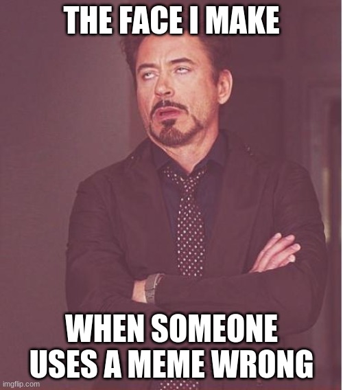 Face You Make Robert Downey Jr | THE FACE I MAKE; WHEN SOMEONE USES A MEME WRONG | image tagged in memes,face you make robert downey jr | made w/ Imgflip meme maker