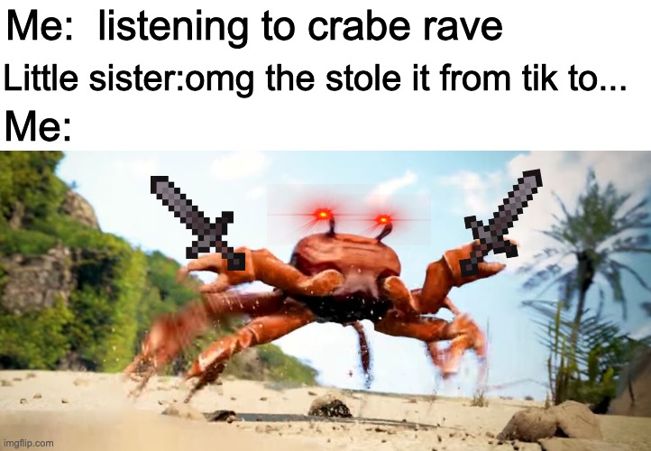 *crab rave intensifies* | Me:  listening to crabe rave; Little sister:omg the stole it from tik to... Me: | image tagged in funny memes | made w/ Imgflip meme maker