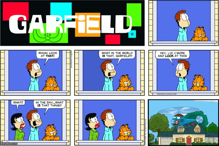 TO THE PETER COPTER JON! | image tagged in garfield,peter griffin | made w/ Imgflip meme maker