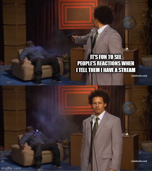 Who Killed Hannibal | IT'S FUN TO SEE PEOPLE'S REACTIONS WHEN I TELL THEM I HAVE A STREAM | image tagged in memes,who killed hannibal | made w/ Imgflip meme maker