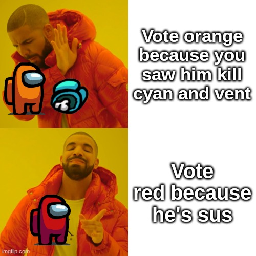 Red Sus | Vote orange because you saw him kill cyan and vent; Vote red because he's sus | image tagged in memes,among us,there is one impostor among us | made w/ Imgflip meme maker