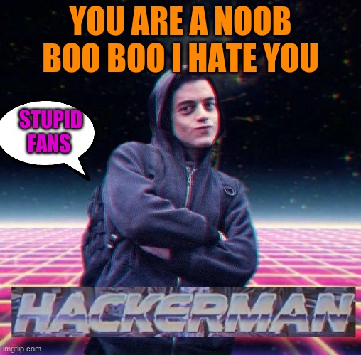 HackerMan | YOU ARE A NOOB BOO BOO I HATE YOU; STUPID FANS | image tagged in hackerman | made w/ Imgflip meme maker