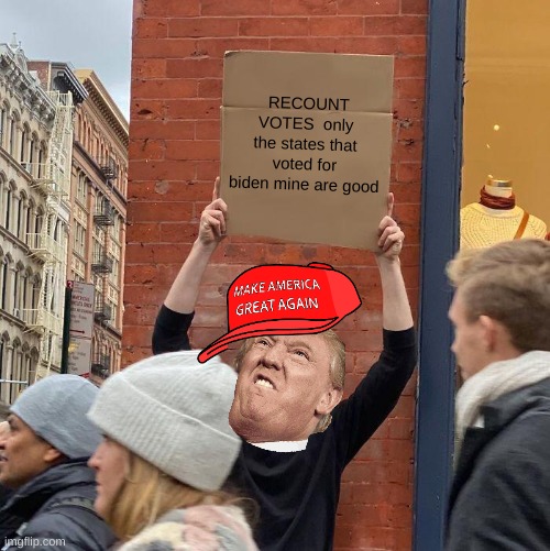 RECOUNT VOTES  only the states that voted for biden mine are good | image tagged in memes,guy holding cardboard sign,biden | made w/ Imgflip meme maker