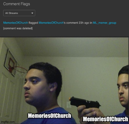 Never seen anyone flag their own comment- | MemoriesOfChurch; MemoriesOfChurch | image tagged in trust nobody not even yourself | made w/ Imgflip meme maker