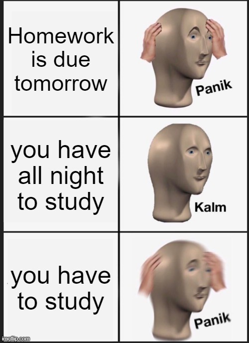 Panik Kalm Panik | Homework is due tomorrow; you have all night to study; you have to study | image tagged in memes,panik kalm panik | made w/ Imgflip meme maker