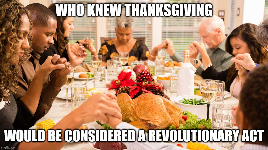Thanksgiving is now radical | WHO KNEW THANKSGIVING; WOULD BE CONSIDERED A REVOLUTIONARY ACT | image tagged in thanksgiving dinner,lockdown,covid-19 | made w/ Imgflip meme maker