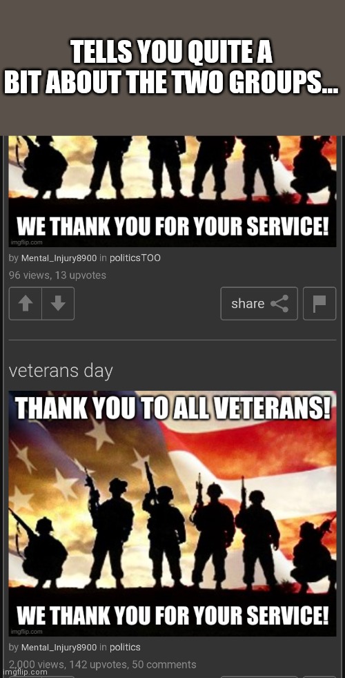 politics stream is full of patriots | TELLS YOU QUITE A BIT ABOUT THE TWO GROUPS... | image tagged in politics,veterans day,patriotism | made w/ Imgflip meme maker