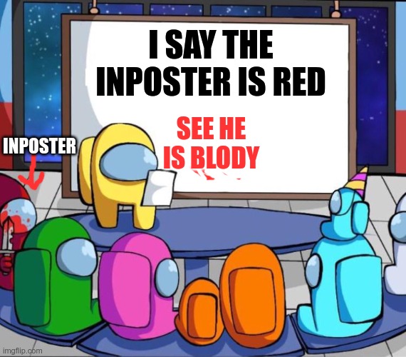 among us presentation | I SAY THE INPOSTER IS RED; INPOSTER; SEE HE IS BLODY | image tagged in among us presentation | made w/ Imgflip meme maker