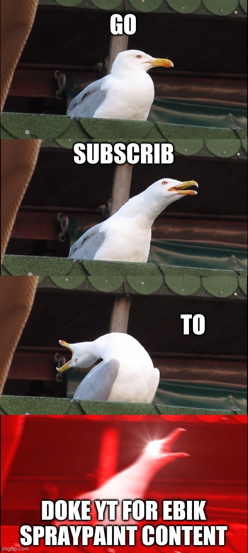 DO IT | GO; SUBSCRIB; TO; DOKE YT FOR EBIK SPRAYPAINT CONTENT | image tagged in memes,inhaling seagull | made w/ Imgflip meme maker