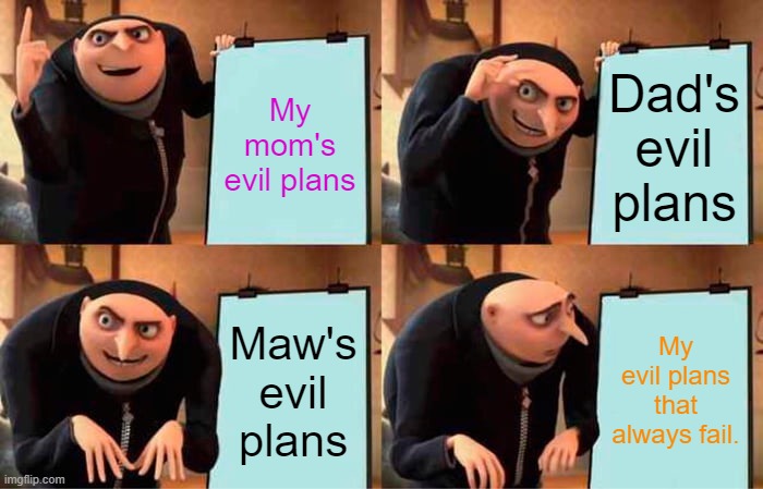 UH-OH |  My mom's evil plans; Dad's evil plans; Maw's evil plans; My evil plans that always fail. | image tagged in memes,gru's plan | made w/ Imgflip meme maker