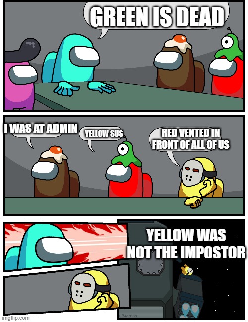 r.i.p yellow | GREEN IS DEAD; I WAS AT ADMIN; RED VENTED IN FRONT OF ALL OF US; YELLOW SUS; YELLOW WAS NOT THE IMPOSTOR | image tagged in among us blame | made w/ Imgflip meme maker