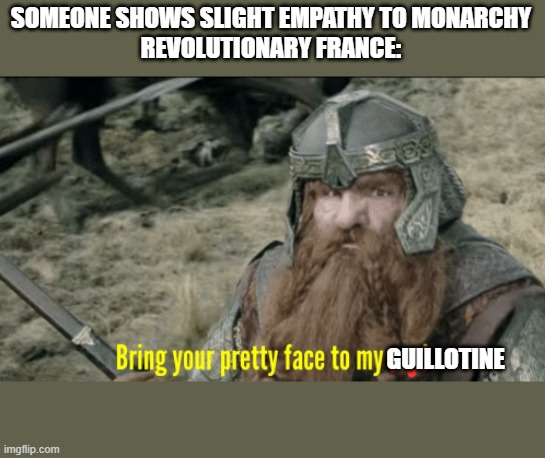 To the Guillotine | SOMEONE SHOWS SLIGHT EMPATHY TO MONARCHY
REVOLUTIONARY FRANCE:; GUILLOTINE | image tagged in bring your pretty face to my axe | made w/ Imgflip meme maker