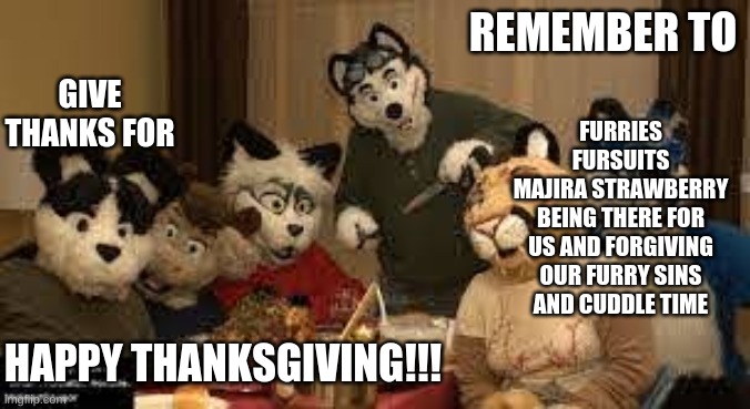 Happy Furry Thanksgiving | REMEMBER TO; GIVE THANKS FOR; FURRIES
FURSUITS
MAJIRA STRAWBERRY BEING THERE FOR US AND FORGIVING OUR FURRY SINS
AND CUDDLE TIME; HAPPY THANKSGIVING!!! | image tagged in furry thanksgiving | made w/ Imgflip meme maker