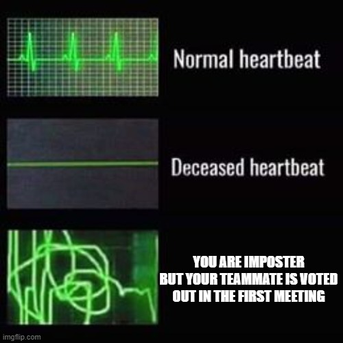 hate when this happens | YOU ARE IMPOSTER BUT YOUR TEAMMATE IS VOTED OUT IN THE FIRST MEETING | image tagged in heartbeat rate | made w/ Imgflip meme maker